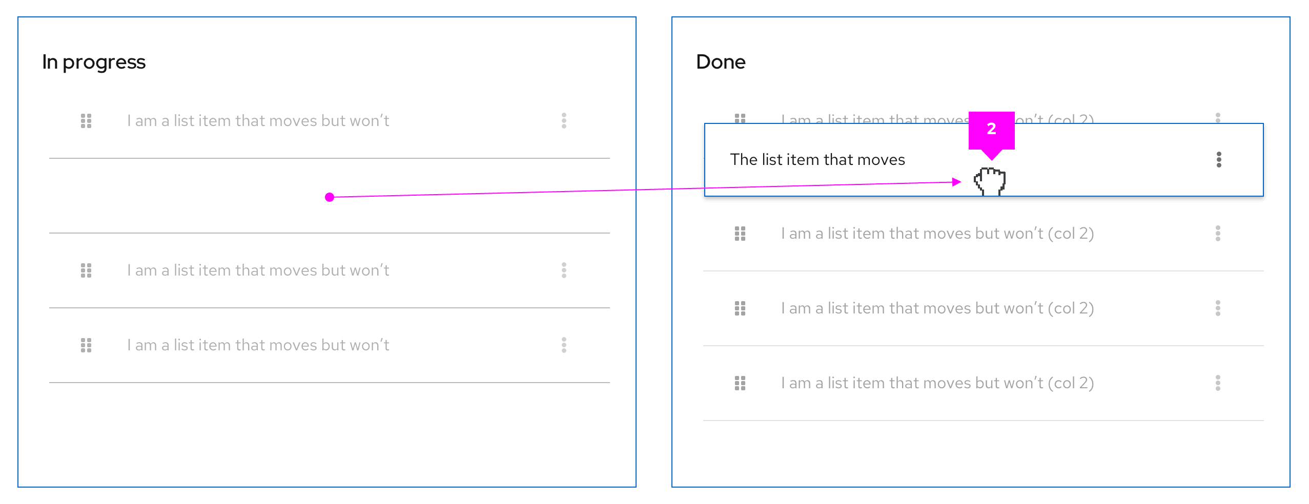 Borders appear around the item and bounding boxes shows the area in which an item can be dragged.