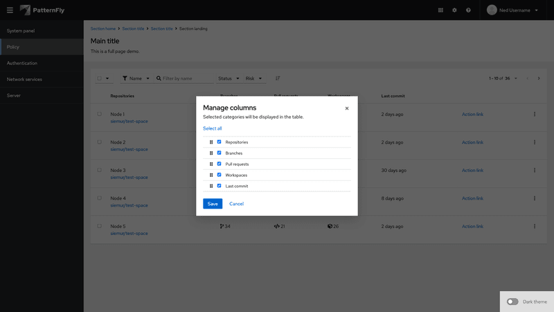 Column management modal screenshot